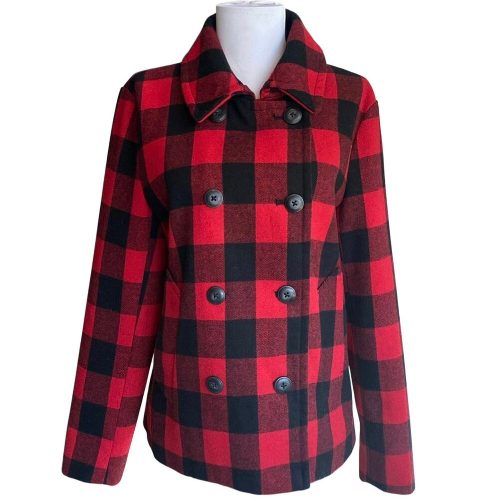 GAP Tea Plaid Buffalo Check Wool Pea Coat Size S Red Black Double Breasted Twee